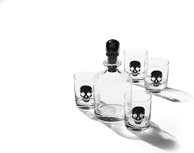 Oneida Vintro Halloween Skeleton 5-Piece Whiskey Glass Set | includes 4 double old fashioned glasses, 1 decanter | dishwasher safe | halloween party decor | 10.5 inch, 42oz - Image 2