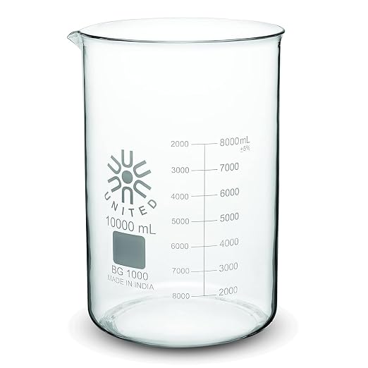 United Scientific™ Large Glass Beaker, 10,000ml, Autoclavable, 1 Each | 3.3 Borosilicate Glass, Thermal Shock Resistant, Molded Pour Spout, Griffin Low Form Science Beaker, ASTM-E960 Compliant by UnitedScientific