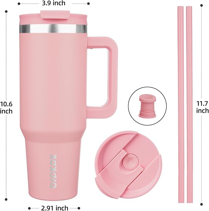 BJPKPK 40 oz Insulated Tumbler with Handle & Straw, Stainless Steel | Double Wall Vacuum Insulation, Leak Proof, BPA Free, Dishwasher Safe, Cupholder Friendly, Travel & Outdoor, Light Pink - Image 3