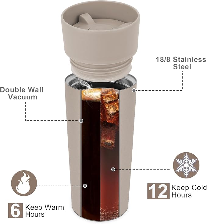 Travel Coffee Mug with 360°Lid, Travel Coffee Tumbler 12 oz Leak Proof, Stainless Steel Insulated Travel Mugs for Hot and Cold Spill Proof Leak Proof(Taupe) - Image 6