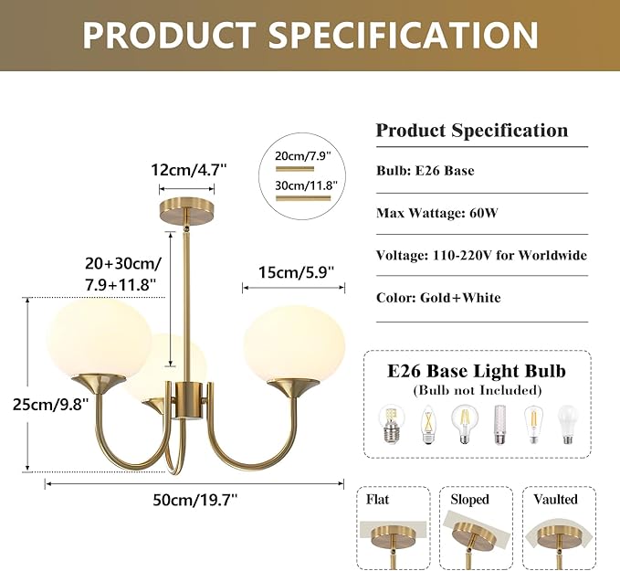 3 Light Vintage Gold Chandelier Milk Glass Globe Chandeliers Brass Sputnik Ceiling Light Fixture Mid Century Modern Pendant Light Dining Room Kitchen - Image 2