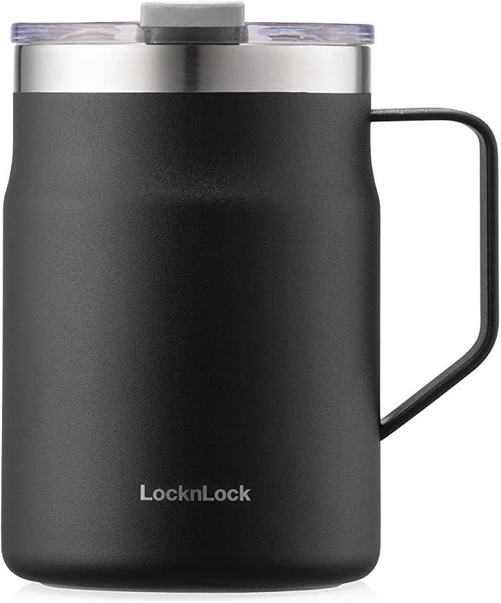 LocknLock Metro Mug Premium 18/8 Stainless Steel Double Wall Insulated with Handle Perfect for table with Lid, Black, 16 oz by LocknLock