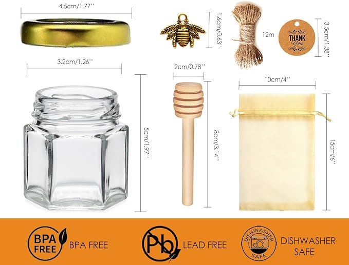 Adabocute 20 Pack Mini Honey Jars with Dipper - Mini Honey Jars for Baby Showers & Wedding Gifts - Gold Lids, Bee Pendants, Jutes and Gift Bags - Image 2