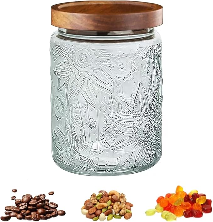 24 OZ Vintage Glass Jar with Lid, Airtight Food Storage Canisters with Bamboo for Kitchen Counter Pantry, Ideal for Coffee, Candy, Tea, Oats, Sugar, Cookies Decorative Jars-Sunflower by Unknown