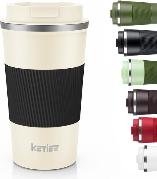 KETIEE 12oz Travel Mug: Vacuum Insulated Coffee Cup with Leakproof Lid, Travel Coffee Mug Stainless Steel Double Walled Reusable Coffee Cup for Hot and Cold Water Tea (Beige) by KETIEE