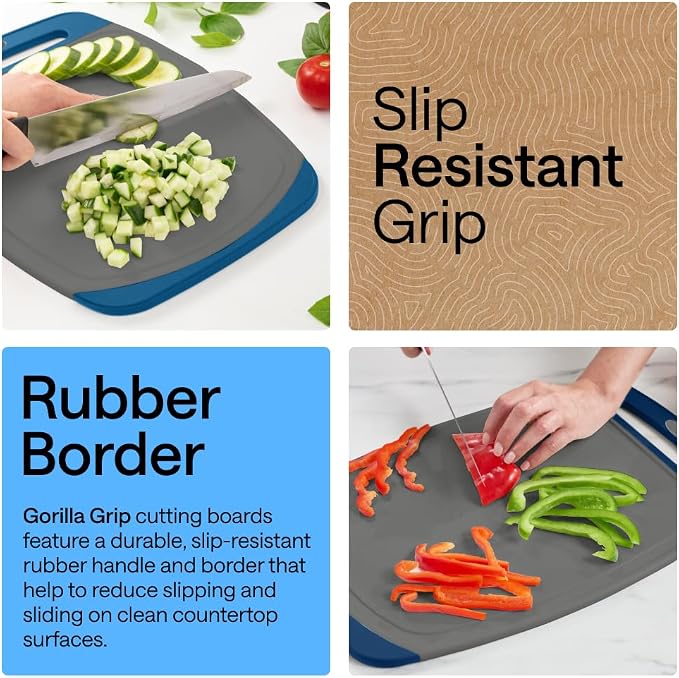 GORILLA GRIP BPA-Free Reversible Kitchen Cutting Board Set of 3, US Designed, Nonporous, Juice Grooves Catch Liquid, Slip Resistant Border, Dishwasher Safe, Durable Food Chopping Boards, Gray Blue - Image 3