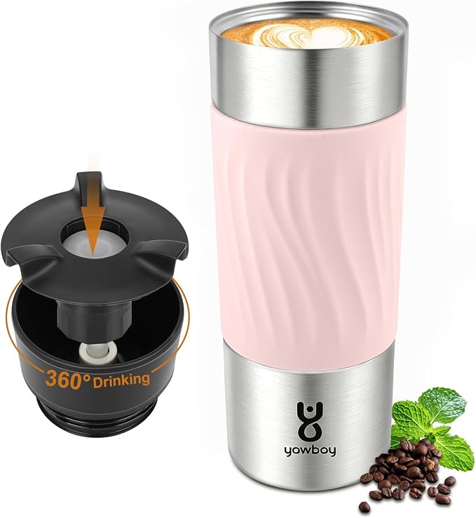 Travel Coffee Mug with 360°Lid, Travel Coffee Tumbler 16 oz Leak Proof, Stainless Steel Insulated Travel Mugs for Hot and Cold Spill Proof Leak Proof(Pink) by Yawbay