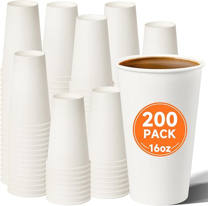 200 Pack Disposable Paper Coffee Cups 16 oz, White Paper Cups, Hot Beverage Drinking Cup for Coffee, Water, Tea, Juice, Espresso