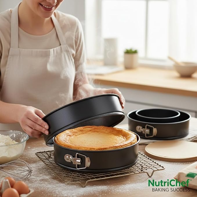 Nutrichef 3-Piece Nonstick Springform Pan Set - Premium Carbon Steel Cheesecake Pans with Stainless Steel Clasp - 6", 8", 10" Sizes, Oven Safe up to 450°F - Includes 300pcs Parchment Paper (Black) - Image 5