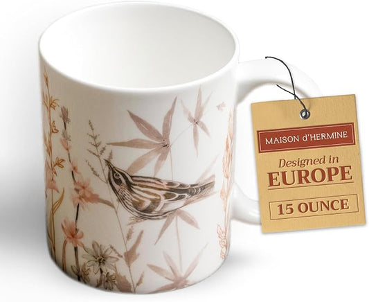 Maison d' Hermine Coffee Mug with Handles Tea Cups (15 Ounce, Pack of 1) | Fine Bone China Coffee Mugs for Hot Beverages Cappuccino Latte Home Spring Summer -Meadow Florals - Beige - Meadow Morning by MaisondHermine