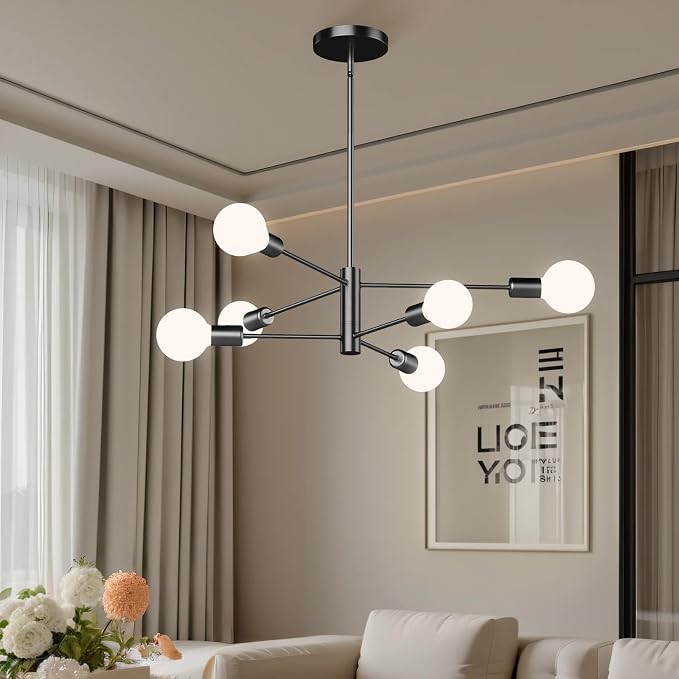 6-Light Modern Sputnik Chandelier, E26 Base Branch Height Adjustable,Mid Century Chandelier Pendant Light for Dining Room Hallway Bedroom Foyer Living Room Kitchen (Bulbs Not Included) - Image 7