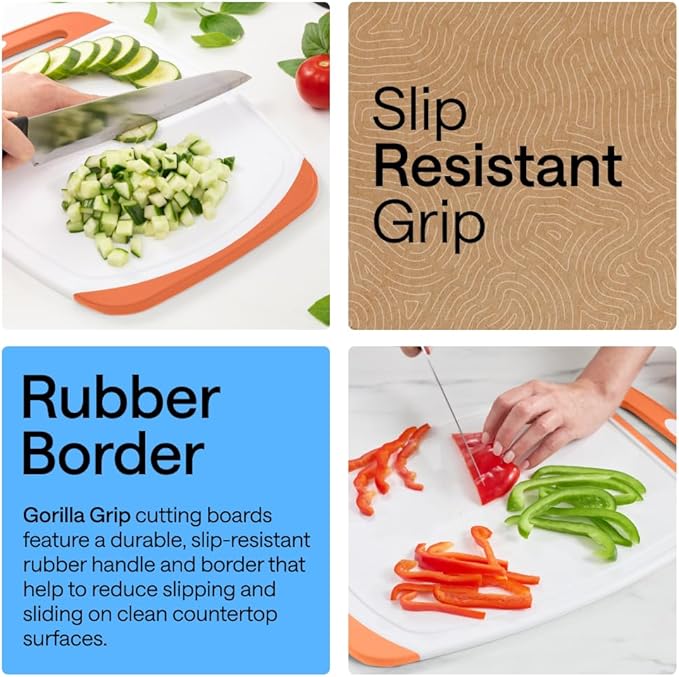 GORILLA GRIP BPA-Free Reversible Kitchen Cutting Board Set of 3 US Designed, Nonporous, Juice Grooves Catch Liquid, Slip Resistant Border, Dishwasher Safe Large Food Chopping Boards, Lime Orange Lemon - Image 3