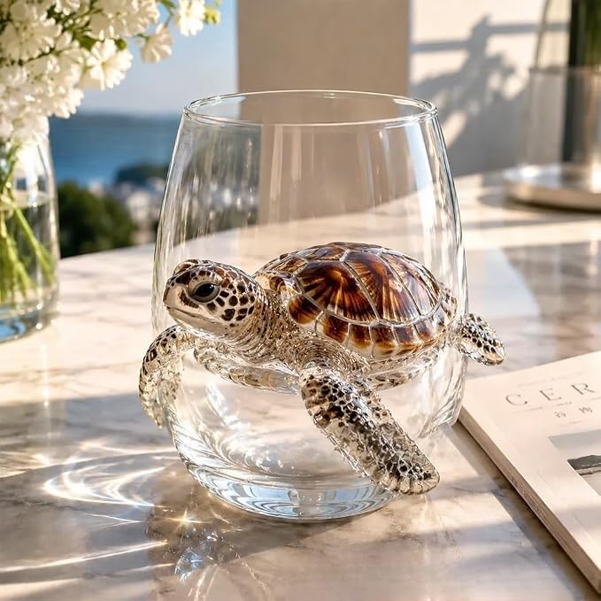 3D Octopuses Stemless Wine Glasses Artisanal Blue Ringed Octopus Glassware Coastal Christmas Home Decor Gift for Ocean Lovers，Turtle by Unknown