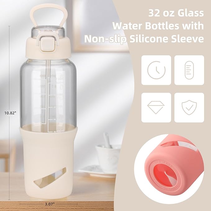 SIEROZUR 32 oz Glass Tumbler with Straw, Glass Water Bottles with 2 Lids-Handle Spout Lid & Straw Lid, 1 Liter Motivational Water Bottles, Silicone Sleeve, Fits Car Cup Holder,White