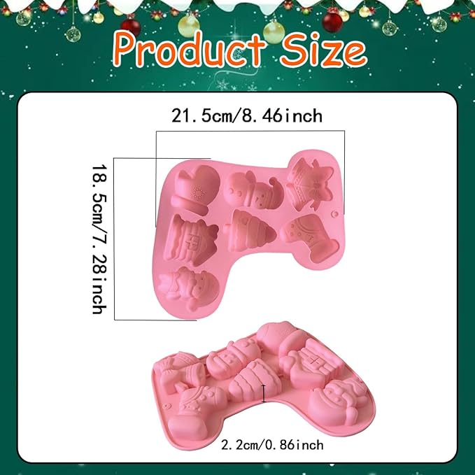 2 Pcs Christmas Silicone Molds for Chocolate,Cute Sock Shape 3D Chocolate Silicone Mold Gloves, Bells, Santa Claus Design 14-Cavities Candy Moulds for Christmas Winter Theme Candy Pudding Jelly Making