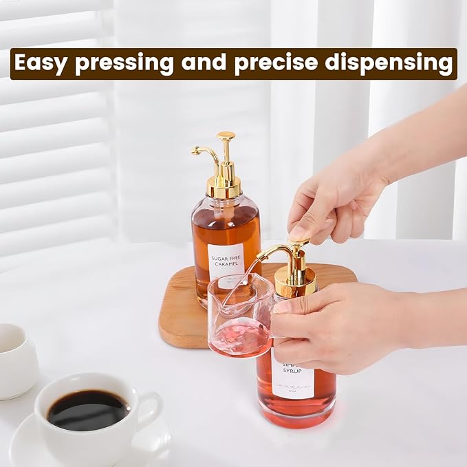 BIGIVACA Coffee Syrup Dispenser 16.9 oz 500 ml - 2 Pack Glass Bottles with Gold Pumps and Labels for Cafe or Home Bar, Kitchen