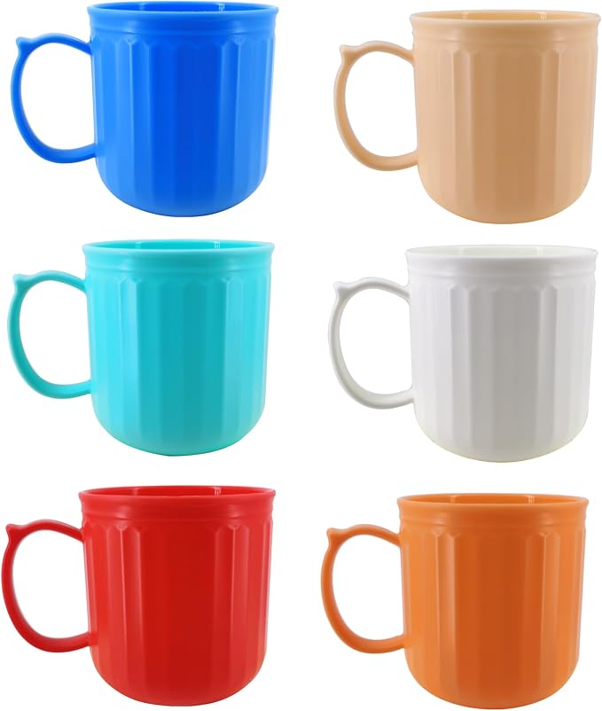 Plastic Coffee Cups with Handles set of 6, 16 oz Iced-Tea Mug Retro | BPA Free Reusable Food Grade PP, Unbreakable Dishwasher Safe, Lightweight, Elderly Kid Safe, Kitchen Party Camping Outdoor by YUYUHUA