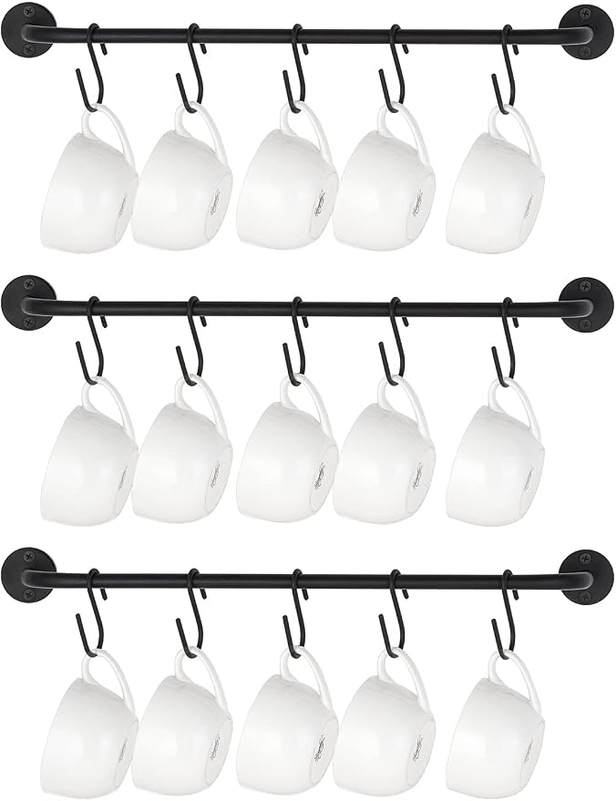 Mkono Mug Holder Wall Mounted Coffee Cup Rack Hanger Modern Metal Wall Rack with 15 Mug Hooks Rustic Utensil Tea Cups Storage Organizer for Kitchen Dining Room Coffee Bar, Set of 3, Black | Kitchen Rod, Space Saving, Easy Assembly, Wall & Under Cabinet... by Mkono