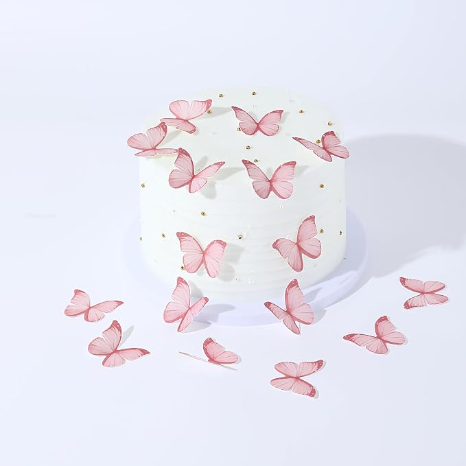 48Pcs Edible Butterflies for Cake Decorations Pink Wafer Paper Butterfly Cupcake Toppers Wafer Glutinous Paper Butterflies for Wedding Baby Shower Kids Birthday Party Cupcakes Decorating (Pink) by YOcity