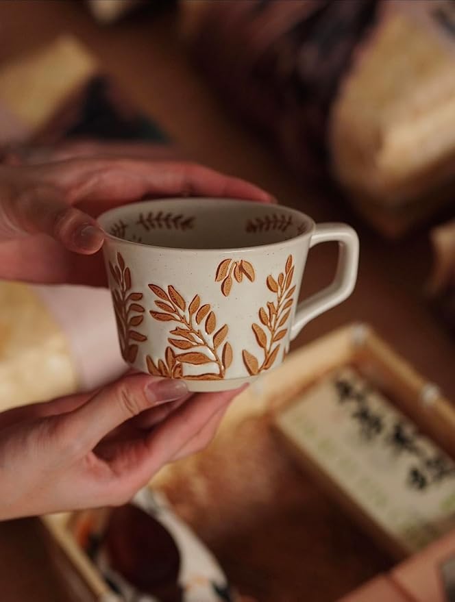 Handmade Ceramic Mugs, 12 oz Coffee Cups, Tea Mugs, Farmhouser Mug, Luxurious Cups for Office Home Microwavable, Porcelain Coffee Cups With Handle - Modern, Boho, Unique Style Wisteria Leaves - Image 9