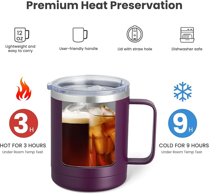 MEWAY 12oz Coffee Mug With Handle 2 Pack Bulk,Stainless Steel Insulated Travel Tumblers With Sliding Lid,Double Wall Vacuum Camping Cup for Hot & Cold Drinks Tea (Forest Green&Plum,Set of 2) - Image 2