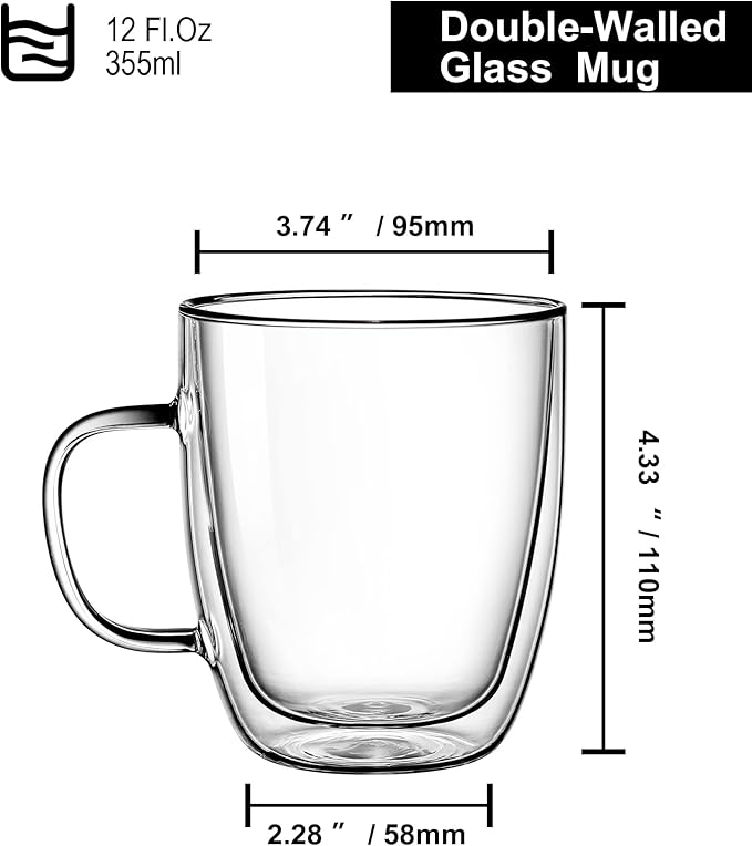 350ml/12.5oz Insulating Teacup Double Layer Glass Mug Heat Resistant Cup for Infusing Coffee, Milk, Tea, etc