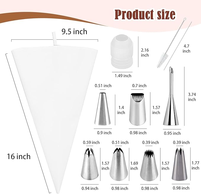 14-Piece Reusable Piping Bags and Tips Set-16inch Cotton Baking Kit with Coupler, Stainless Steel Nozzles,Silicone Cable Ties& Cleaner for Cakes/Cupcakes/Cookies Decorating