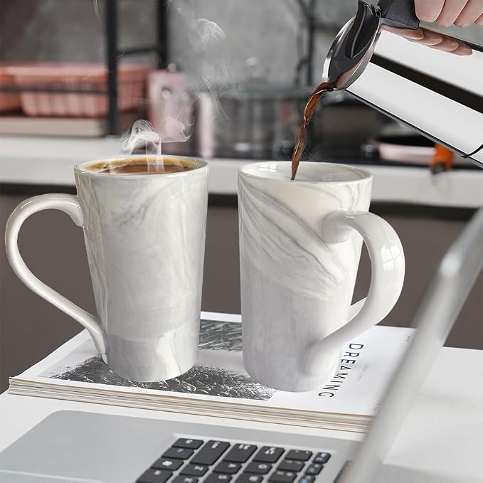 20 OZ Large Coffee Mugs, Grey Marble Ceramic Tall Beer Cups with Handle Set of 2 600 ml Oversized Porcelain Bulk Big Tea Cup for Men Women Gifts Mom and Dad - Image 7