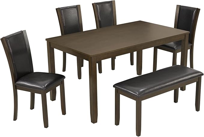 6-Piece Dining Table Set with Bench and Chairs - Solid Wood Kitchen Dining Room Table Set in Farmhouse Rustic Style, Table Set for 6 with 4 Chairs and Bench Seat.(Dark Walnut_Large) - Image 5