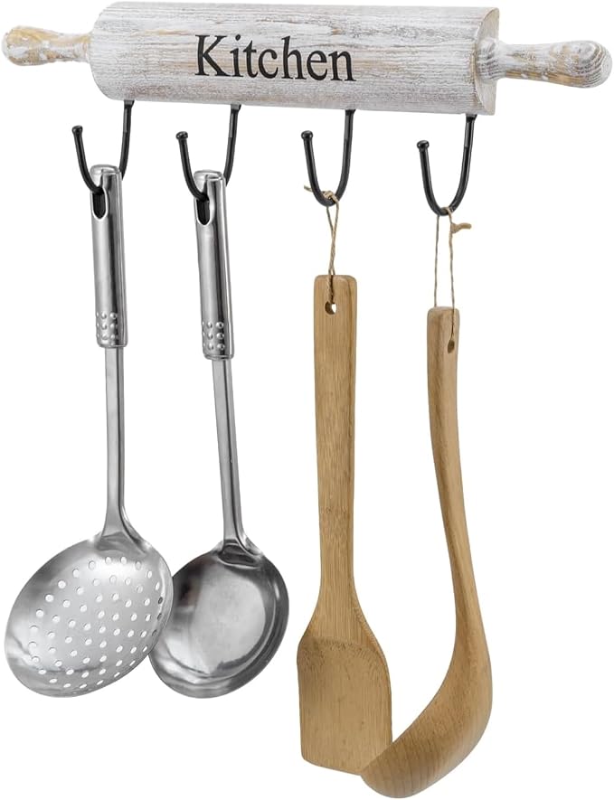 MyGift White Washed Wood Kitchen Utensil Rack with 4 Hooks, Wall Mounted | Rustic white wood and a rolling pin design add charm to this wall rack with four hooks for aprons, towels, mugs, and utensils by MyGiftHome
