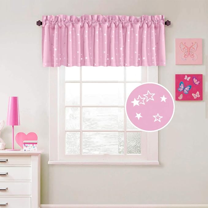 H.VERSAILTEX Blackout Curtain Valances for Kitchen Window/Living Room/Bathroom Privacy Added Rod Pocket Home Decoration Winow Valance, 52" W x 18" L, Glitter Stars in Pink Base - Image 3