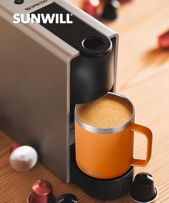 SUNWILL Insulated Coffee Mug with Lid, Travel Tumbler with Handle, 14 oz Stainless Steel Cup for Camping, Office, Home, Powder Coated Orange - Image 6