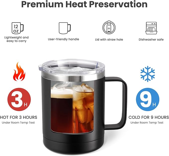 MEWAY 12oz Coffee Mug With Handle 2 Pack Bulk,Stainless Steel Insulated Travel Tumblers With Sliding Lid,Double Wall Vacuum Camping Cup for Hot & Cold Drinks Tea (Black,Set of 2) - Image 3