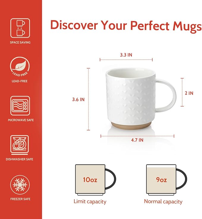 Sweese Stackable Coffee Mugs Set of 4, 10 oz Porcelain Coffee Cups with Embossed Design, White Cappuccino Cups for Coffee, Latte - Image 4