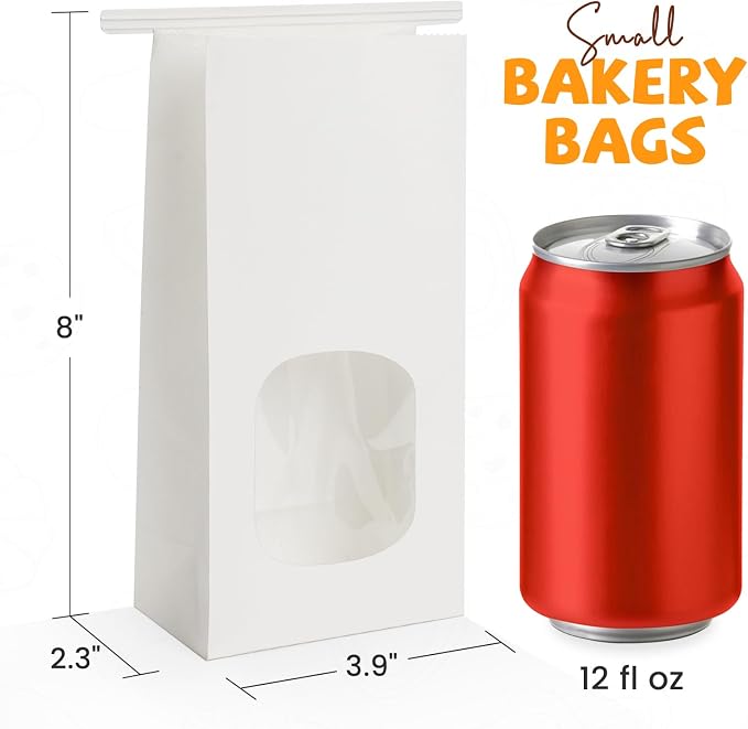 100 Pack Bakery Bags with Window, 3.9x2.3x8 Inches Tin Tie Tab Paper Cookie Bags White Small Gift Bag for Packaging Popcorn, Trail Mix, Treats, Snacks, Baked Goods, Party Favors | Grease Resistant - Image 2