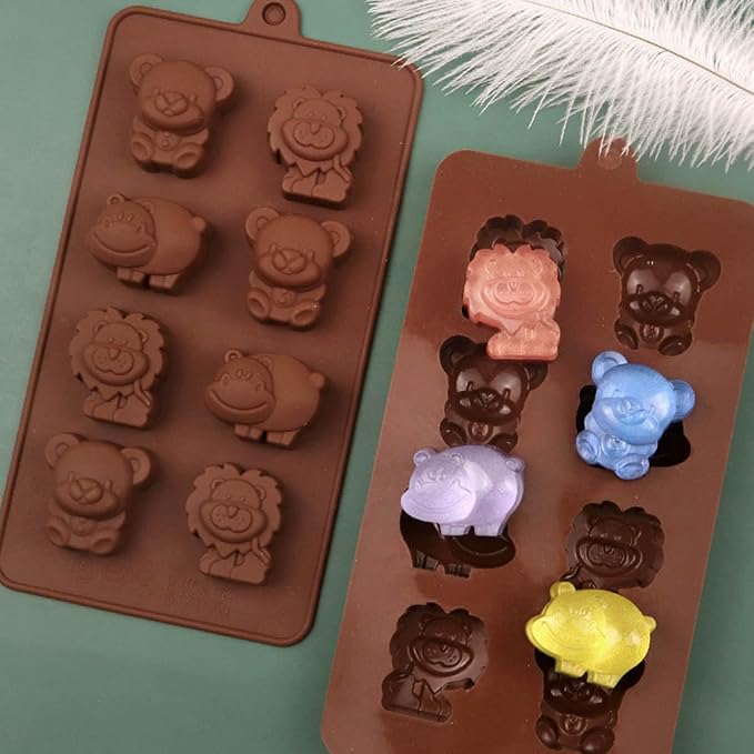 LeLehome Set of 2 Silicone Chocolate Molds, Non-Stick Animal Cake Muffin Candy Baking Mold Bakeware for Ice Cube, Soap, Candle, Jello, Lion, Hippo and Bear