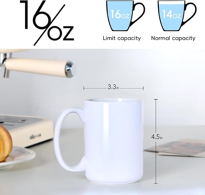 16 OZ Coffee Mugs, Classic Blank Ceramic Cup with Large Handle for Tea Latte Cappuccino, Set of 4, White - Image 3