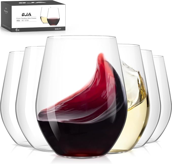 OJA Unbreakable Tritan Plastic Stemless Wine Glasses,16 oz,Set of 6,Outdoor | Shatterproof Wine Glass, Clear, BPA-free, Reusable, Dishwasher-Safe, Drinking Glassware for Poolside, Camping, Party by oja