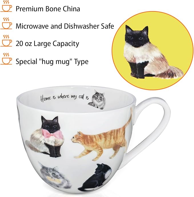 Cute Cat Mugs for Daily Coffee and Tea, Premium 20 oz Bone China Coffee Tea Hug Mug, Perfect Holiday, Birthday, and Christmas Gift for Cat Lovers, Designed in England by Harvest Green Studio - Image 4