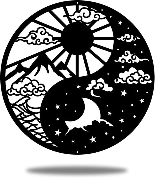 INFUNLY Yin Yang Wall Art Decor 11.8x11.8 Inches Moon Sun and Stars Wall Art with Mountain and Lake Cloud Tai Chi Chakra Wall Decor Wall Sculpture for Yoga Meditation Zen Room Bedroom Decoration by INFUNLY