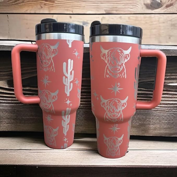 Western Engraved 40oz Tumbler, Tumbler with handle, Cowgirl Tumbler, Country Mug with Handle (Rust-Highland cow(R))