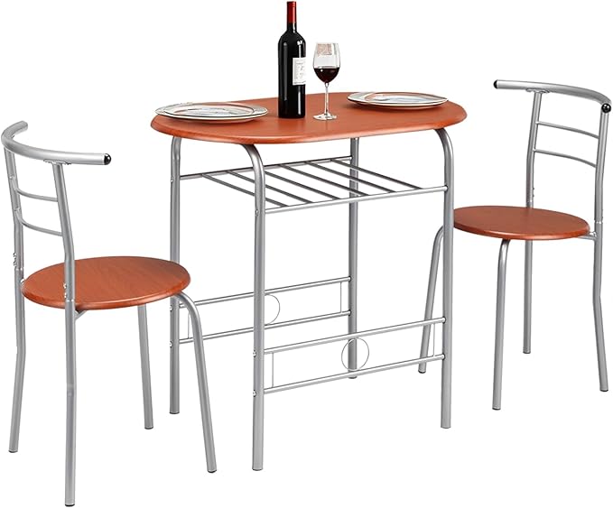 VINGLI 3 Piece Dining Set, Small Kitchen Table Set for 2, Breakfast Table Set, Kitchen Wooden Table with 2 Chairs for Small Space/Dining Room/Apartment, Metal Frame, Wine Rack, Russet by VINGLI