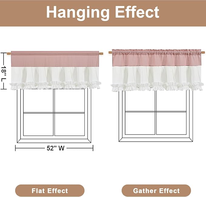 Likiyol Linen Valances for Windows Farmhouse Window Valances with Ruffle Rustic Country Light Filtering Kitchen Valance Curtains Rod Pocket Valance for Bathroom Cafe, Pink White, 52" W X 18" L - Image 3