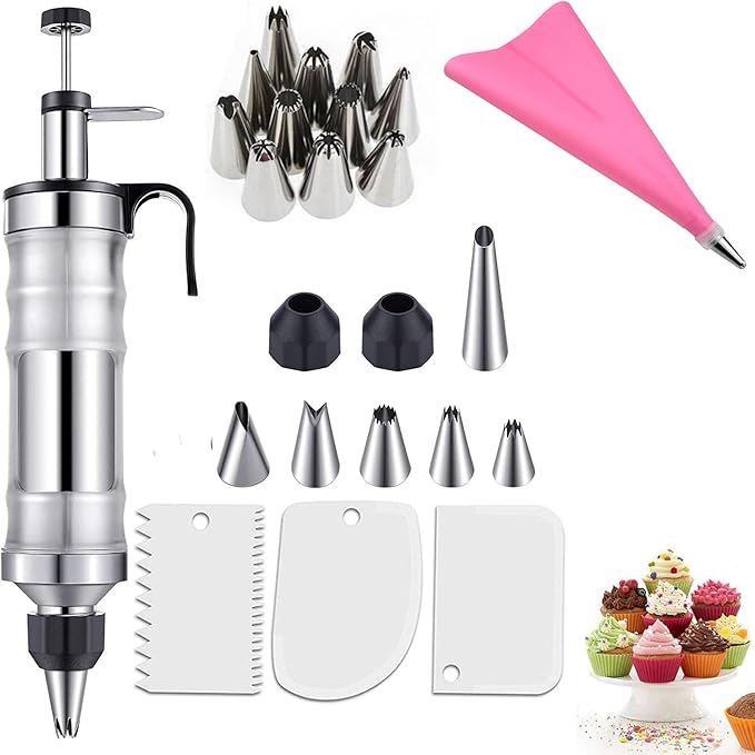 Dessert Cake Decorating Tools kit,Stainless Steel Frosting Piping Kit with 19 Icing Nozzles,3 Cream Scrapers,3 Nozzle Brush and 1 Reusable Pastry Bags,cupcake decorating kit