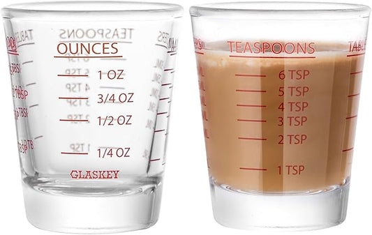GLASKEY 2 Pack Shot Glasses Measuring Cup,Espresso Shot Glass with 4 Kind of Scale (OZ/ML/TSP/TBSP),Dishwasher Safe,Perfect for Coffee,Cocktails and Kitchen Use (Red)