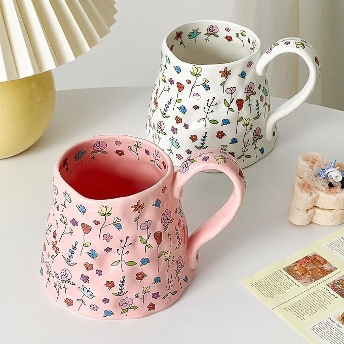 Large Ceramic Coffee Mug Pink Cute Flower with Big Handle, 20oz Girly Floral Tea Cup for Women Mothers Day Gifts, Novelty Irregular Oversized Mugs for Valentines Day - Image 6