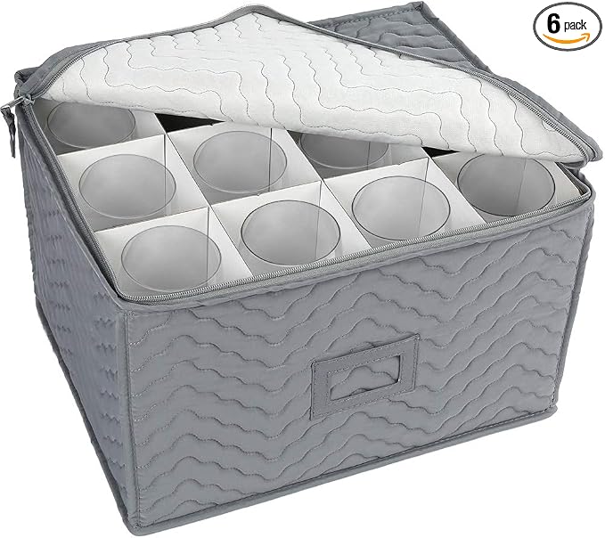 LotFancy Stemware Storage Container - Deluxe Quilted Storage Case with Dividers for 12 - Wine Glasses, Champagne Flutes, Glassware, Drinkware Storage Box Chest, 15.5"x12.5"x 10", Gray by LotFancy