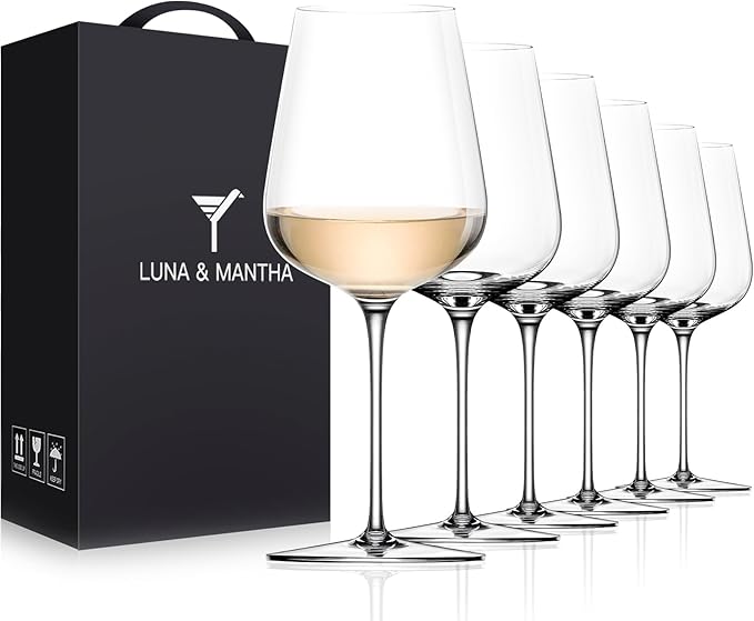 White Wine Glasses Set of 6, 14oz Crystal Hand Blown, Long Stem, Gift | Red Wine Glass, Stemmed, Modern, Father's Day, Wedding, Anniversary, Birthday, Daily by LUNAMANTHA