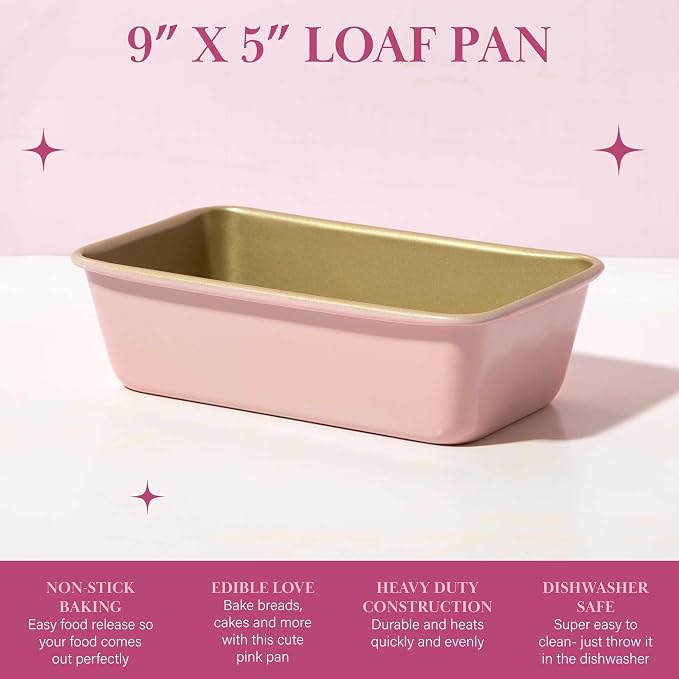 Paris Hilton Nonstick Carbon Steel Bakeware Collection, 9-Inch x 5-Inch Loaf Pan, Dishwasher Safe, Made without PFOA and PFAS, Pink Champagne Two-Tone - Image 2