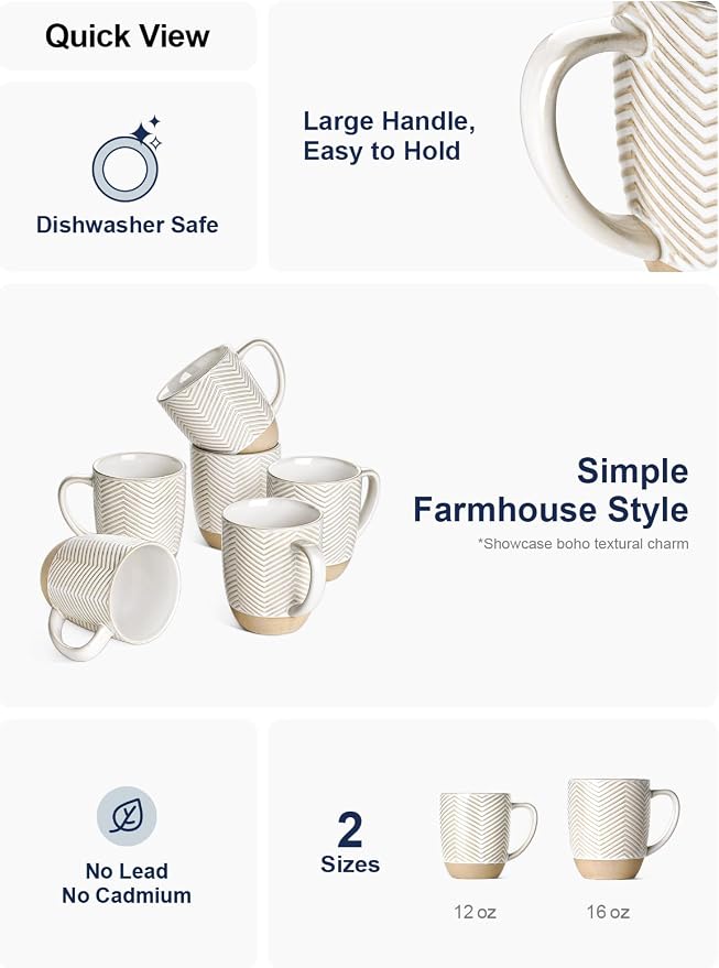 LE TAUCI Coffee Mugs 16 oz,Ceramic Mug Set, Embossment Cups for Latte, Hot Tea, Cappuccino, Mocha, Cocoa,Suit For Housewarming Wedding- 3.8 inch, Set of 6, Arctic White - Image 5